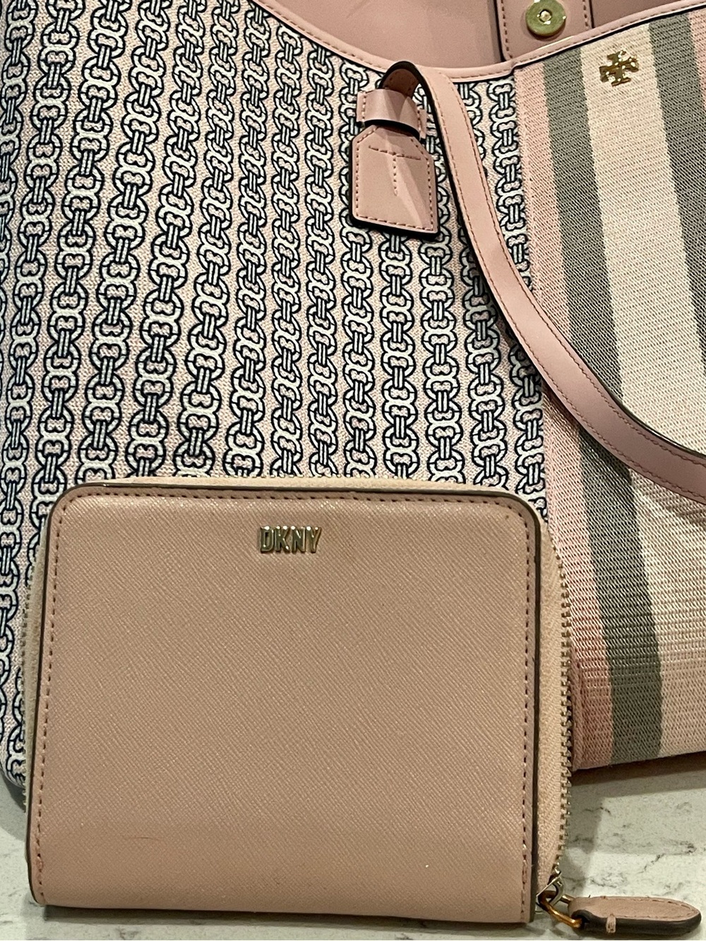 Tory Burch Pink Chain-Print Shoulder Tote with Stripe Detail—FREE WALLET!! - Picture 3 of 7